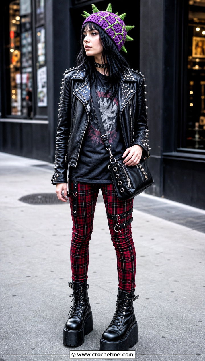 Spider Punk Crochet Beanie With Plaid Trousers - 35 spider man crochet beanie outfit ideas