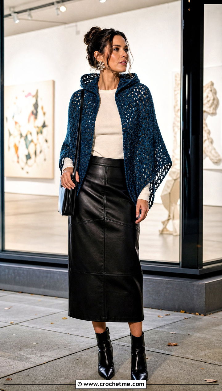 Spider Stitch Crochet Hooded Shawl With Leather Midi Skirt - 35 crochet hooded shawl outfit ideas