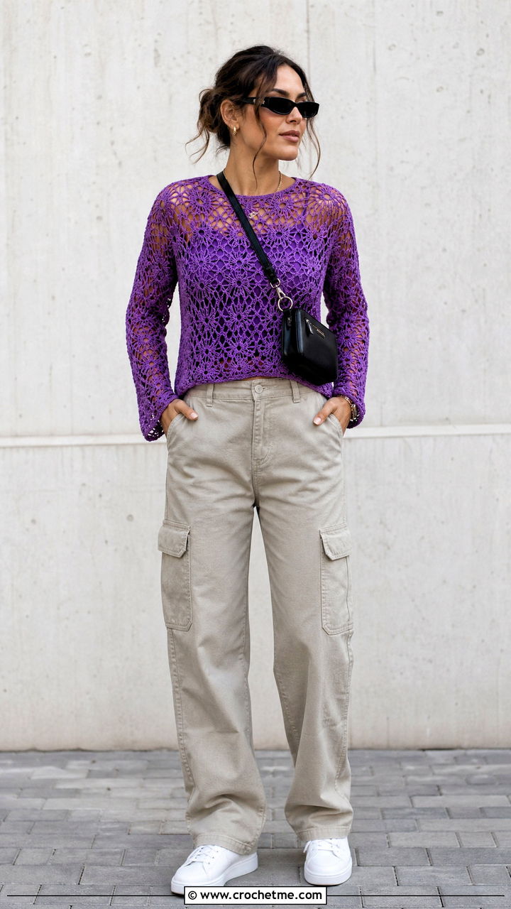 Spider Stitch Crochet Lace Blouse With Cargo Pants - 35 crochet lace blouse outfit ideas