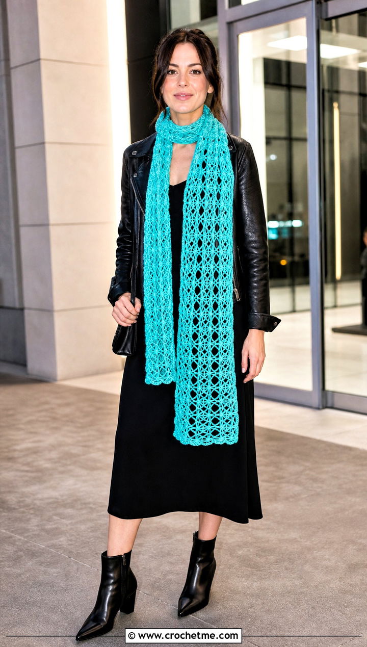 Spider Stitch Crochet Scarf With Biker Jacket And Midi Dress - 35 small crochet scarf outfit ideas