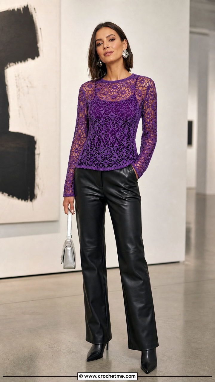 Spider Stitch Crochet Top With Leather Pants - 35 crochet lace top outfit ideas