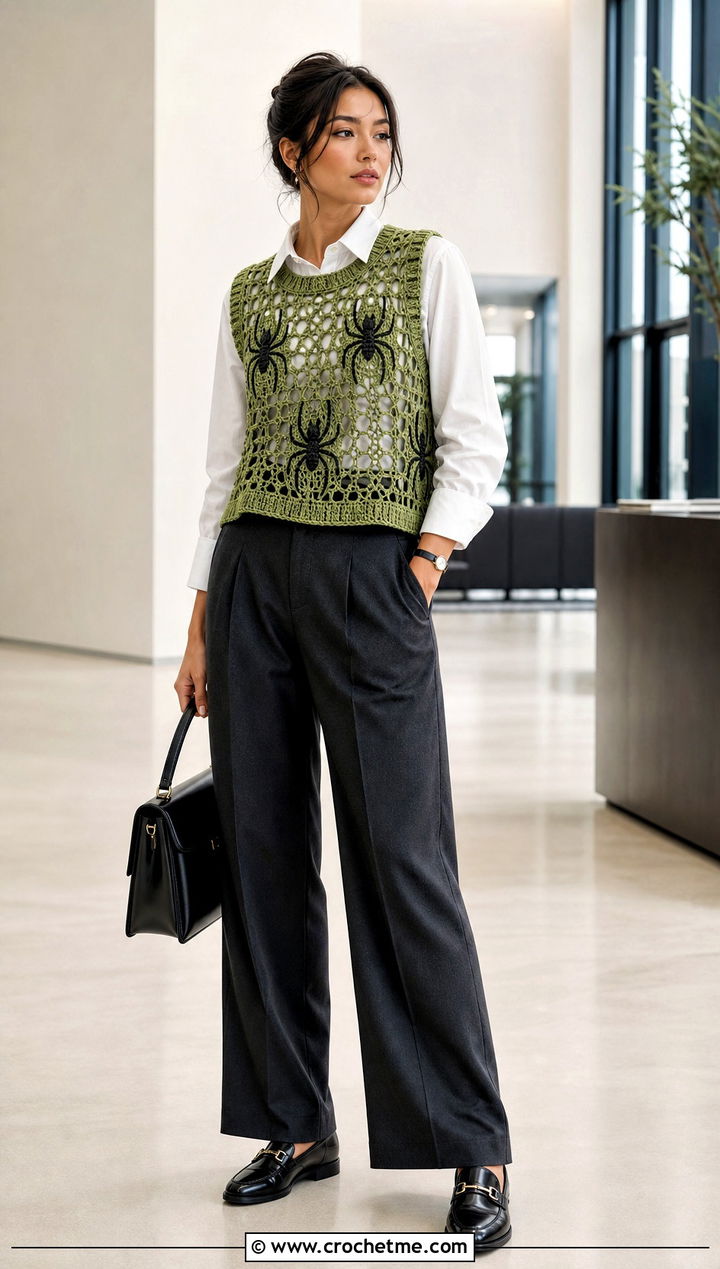 Spider Stitch Crochet Vest With Tailored Trousers - 35 spider crochet top outfit ideas