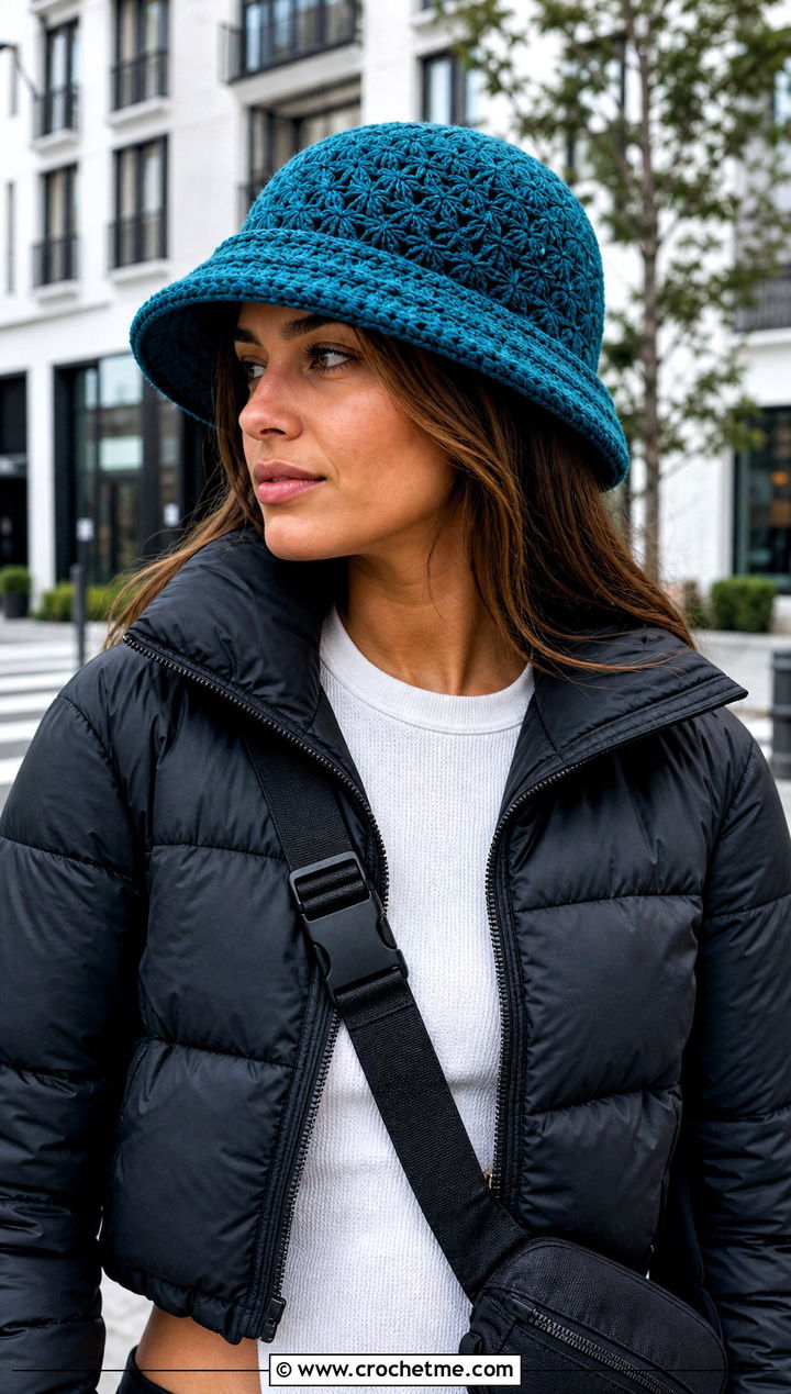 Spider Stitch Double Brim Crochet Hat With Puffer Jacket - 20 Double Brim Crochet Hat outfit ideas
