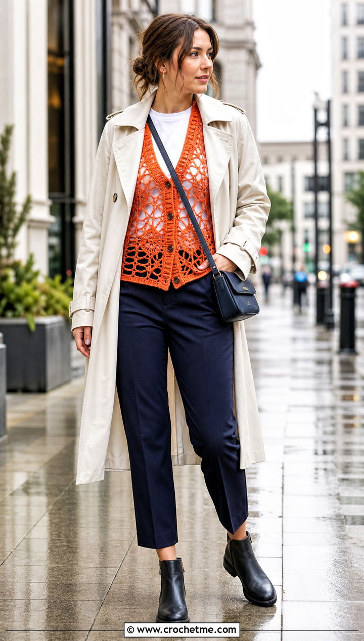 Spider Web Cardigan Top With A Trench Coat - 35 spider crochet top outfit ideas