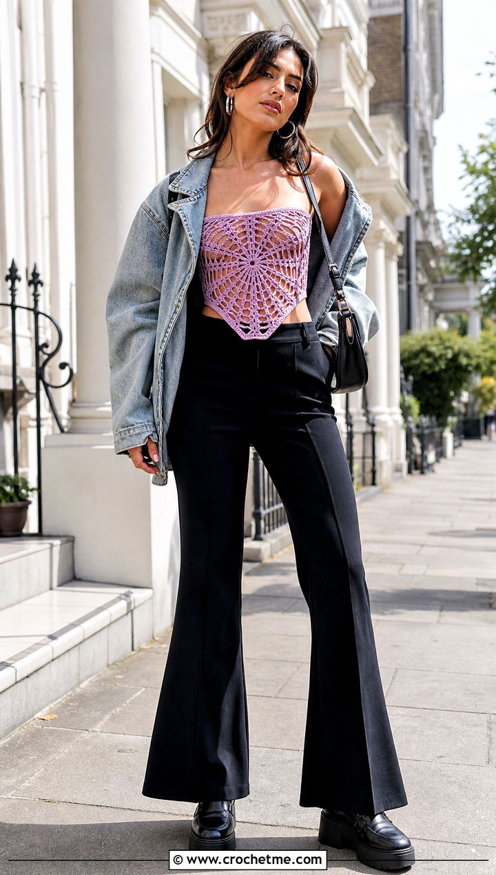 Spider Web Corset Crochet Top With Denim Jacket - 35 spider crochet top outfit ideas
