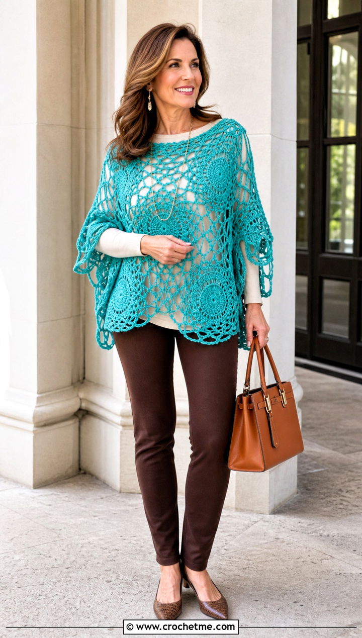 Spider Web Poncho Crochet Top With Slim Pants - 35 spider crochet top outfit ideas
