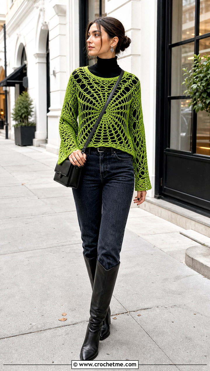 Spider Web Sweater Crochet Top Over A Turtleneck - 35 spider crochet top outfit ideas