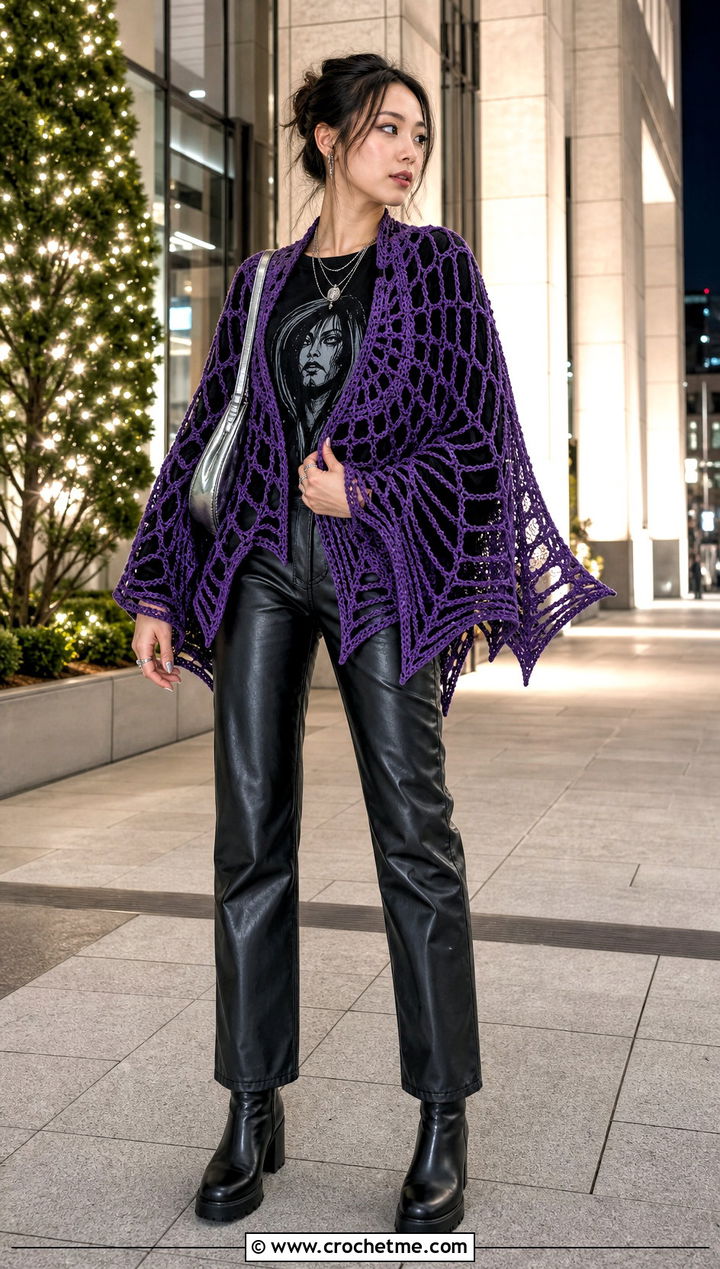 Spiderweb Bat Wing Crochet Shawl With Leather Pants - 25 bat wing crochet shawl outfit ideas