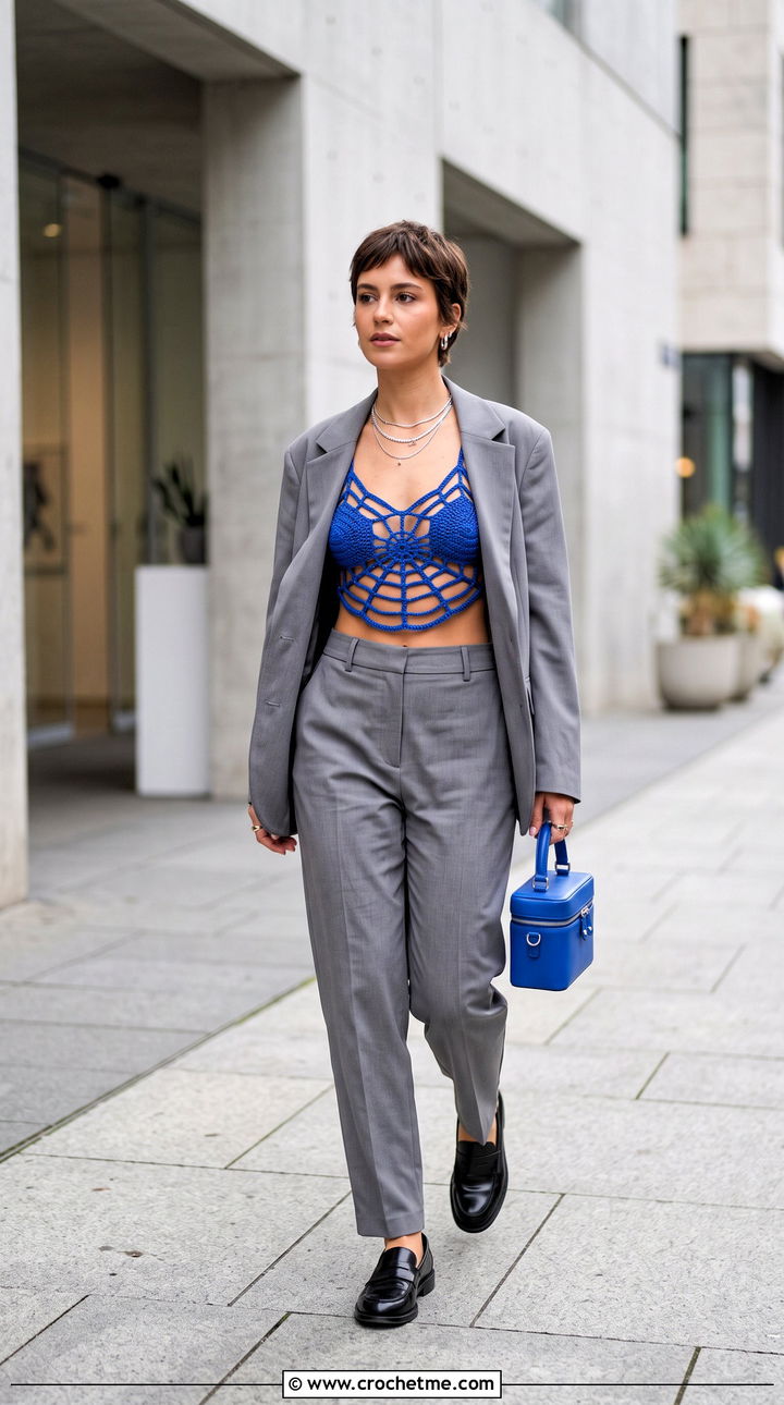 Spiderweb Bralette Top With Oversized Blazer - 30 crochet spiderweb top outfit ideas
