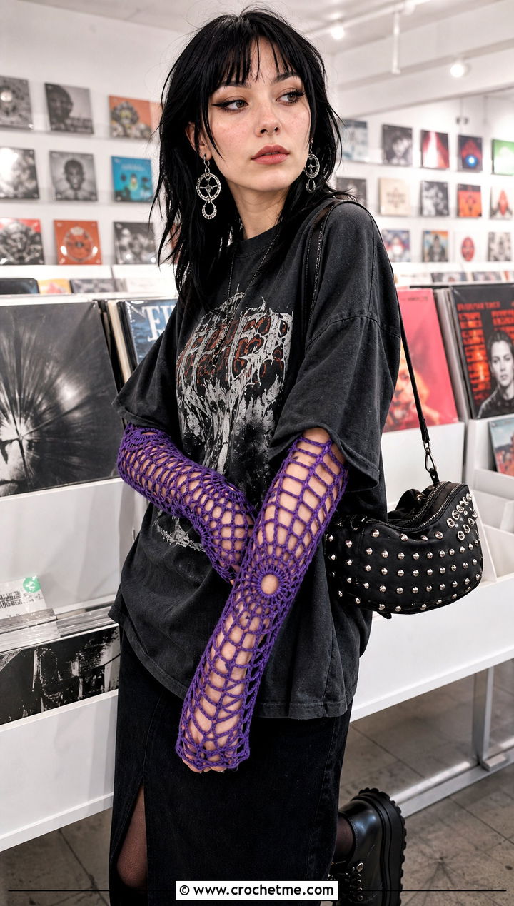 Spiderweb Crochet Arm Warmers With Graphic Tee - 25 Crochet Arm Warmers Aesthetic outfit ideas