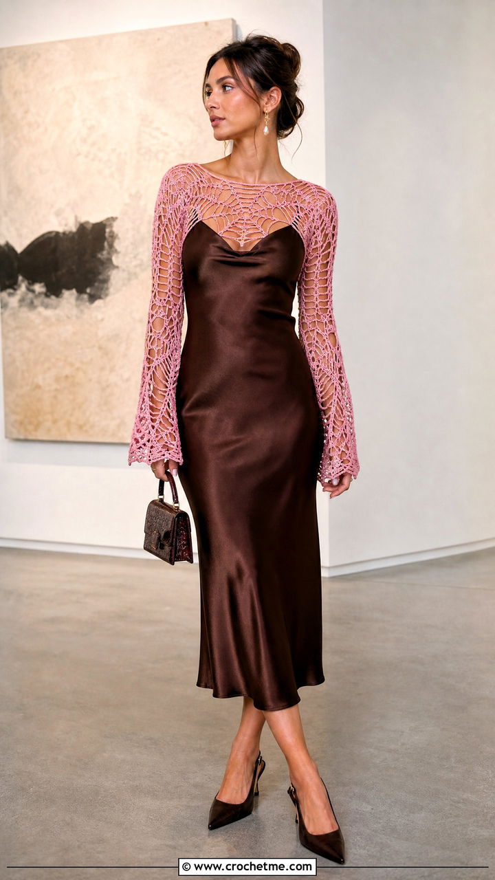 Spiderweb Crochet Bolero Top With Slip Dress - 35 spiderweb crochet top outfit ideas