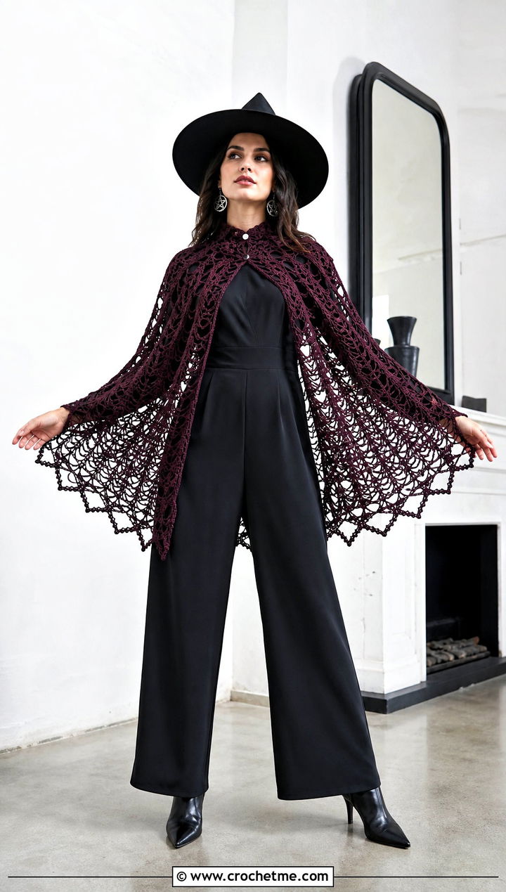 Spiderweb Crochet Cape Witch Costume With Tailored Jumpsuit - 15 Crochet Costume outfit ideas