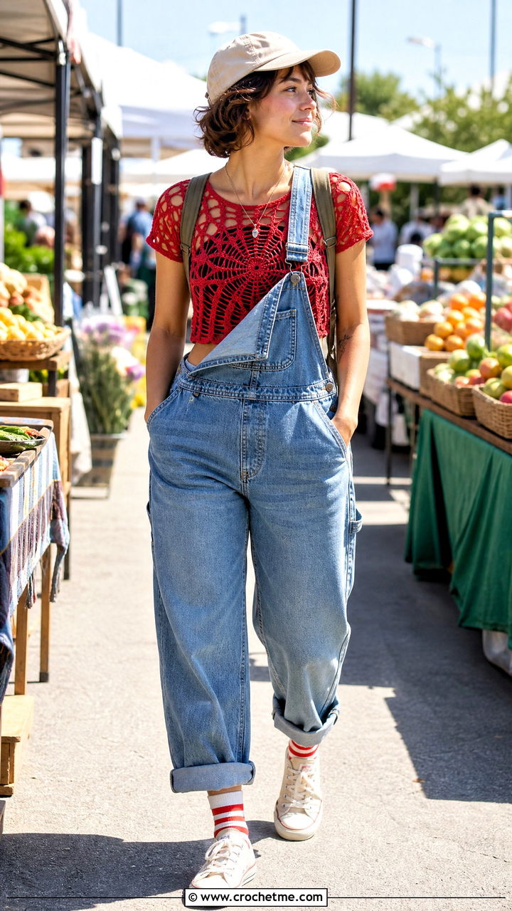 Spiderweb Crochet Crop Top With Denim Overalls - 35 spiderweb crochet top outfit ideas
