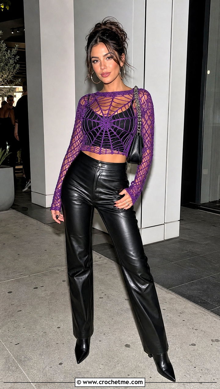 Spiderweb Crochet Crop Top With Leather Pants - 20 halloween crochet crop top outfit ideas
