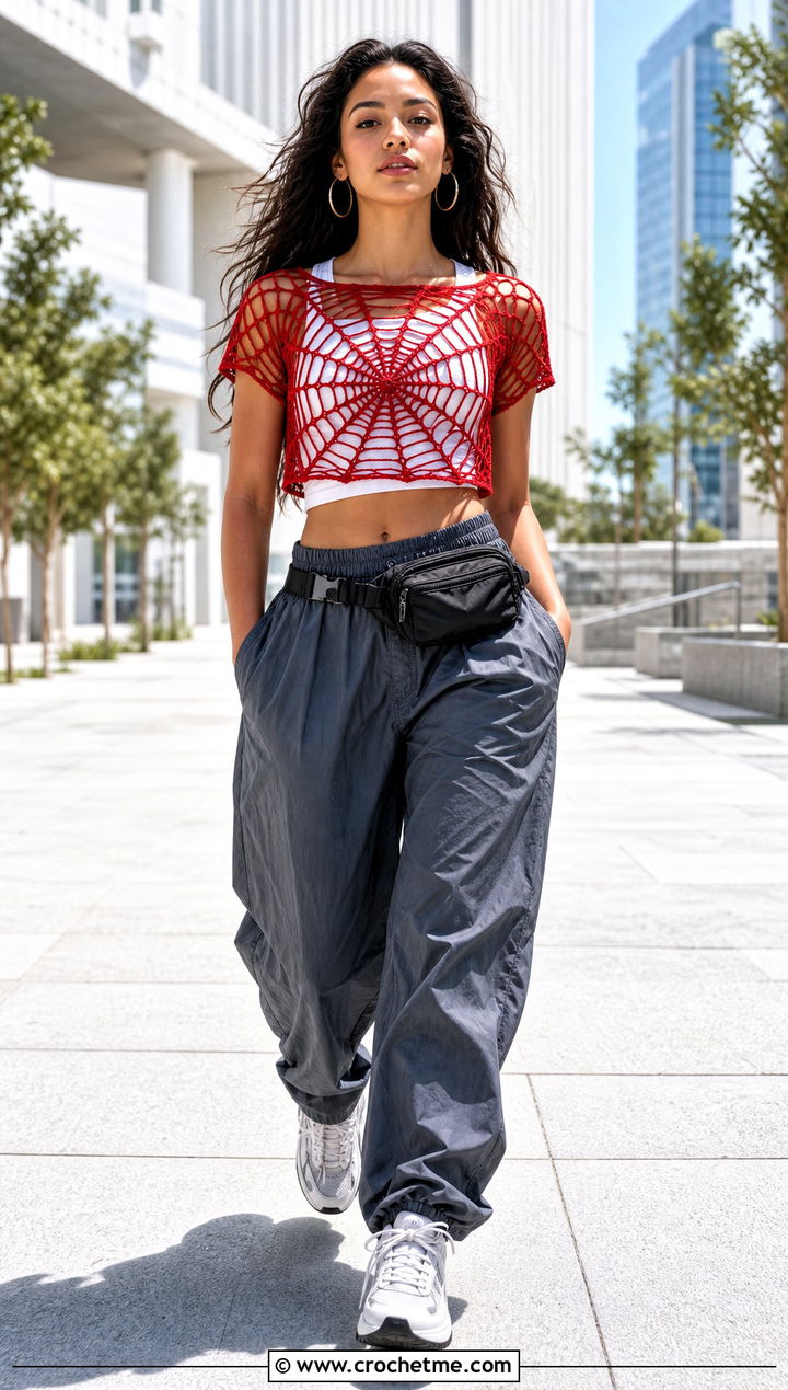Spiderweb Crochet Crop Top With Parachute Pants - 30 Crochet Top With Holes outfit ideas