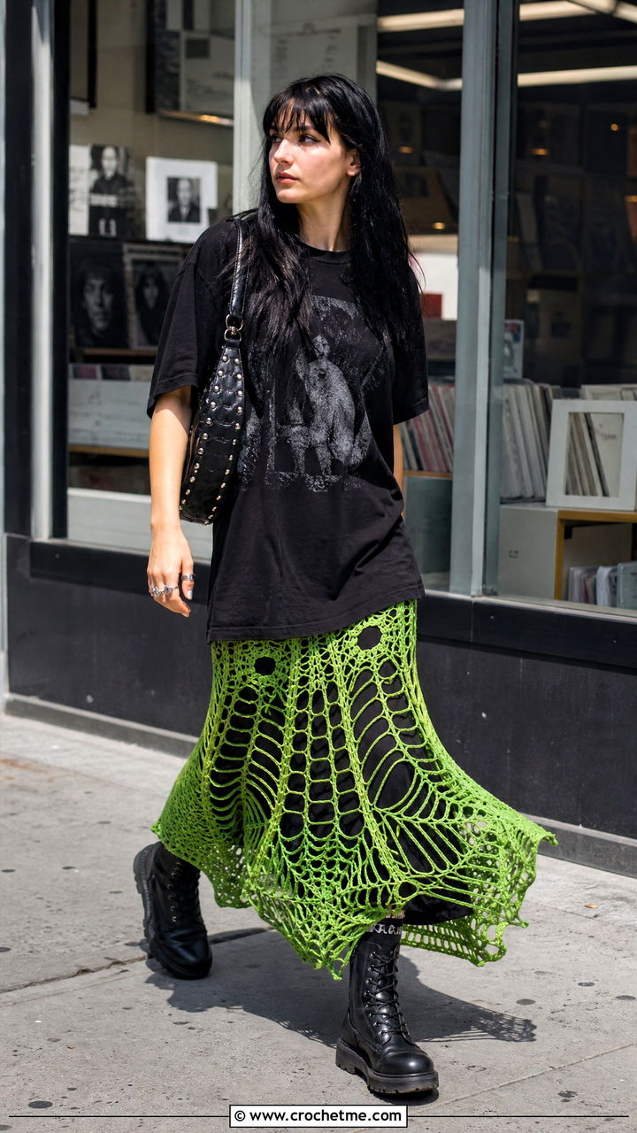 Spiderweb Crochet Goth Maxi Skirt With Band Tee - 35 Crochet Goth Clothes and outfit ideas