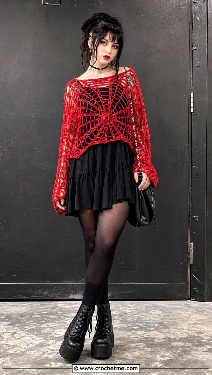 Spiderweb Crochet Grunge Sweater Over A Babydoll Dress - 30 crochet grunge sweater outfit ideas