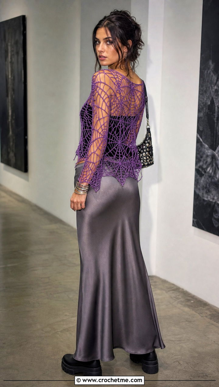 Spiderweb Crochet Grunge Top With Satin Maxi Skirt - 30 crochet grunge top outfit ideas