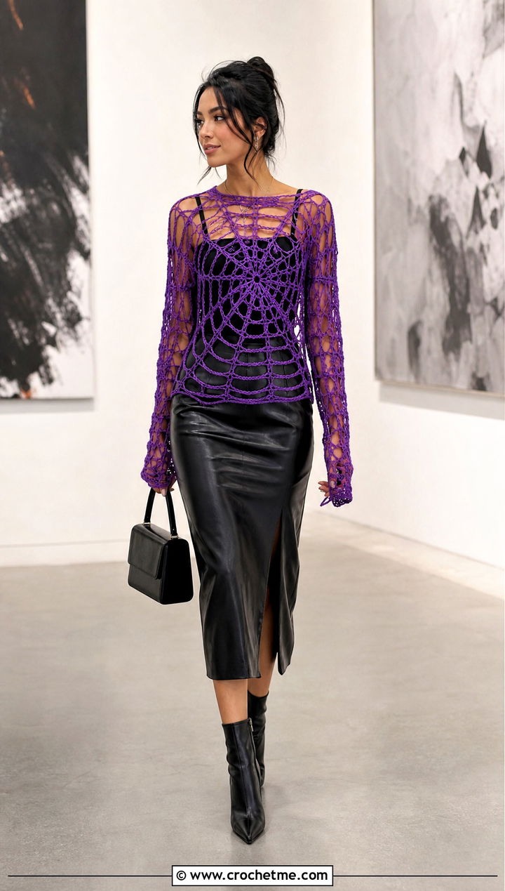 Spiderweb Crochet Halloween Sweater With Faux Leather Skirt - 35 Crochet Halloween Sweater outfit ideas