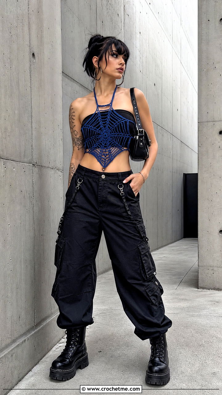 Spiderweb Crochet Halter Top With Cargo Pants - 35 goth crochet top outfit ideas