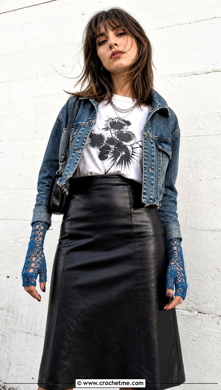 Spiderweb Crochet Lace Gloves With Graphic Tee And Leather Skirt - 30 crochet lace gloves outfit ideas