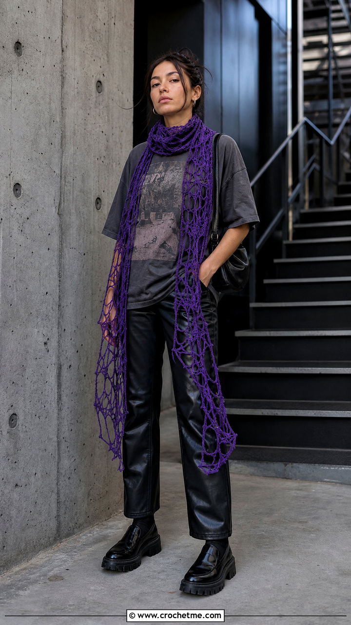 Spiderweb Crochet Lace Scarf With Graphic Tee And Leather Pants - 35 crochet lace scarf outfit ideas
