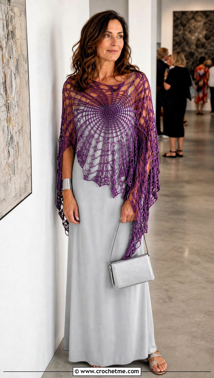 Spiderweb Crochet Lace Shawl With A Minimal Maxi Dress - 30 easy crochet lace shawl outfit ideas
