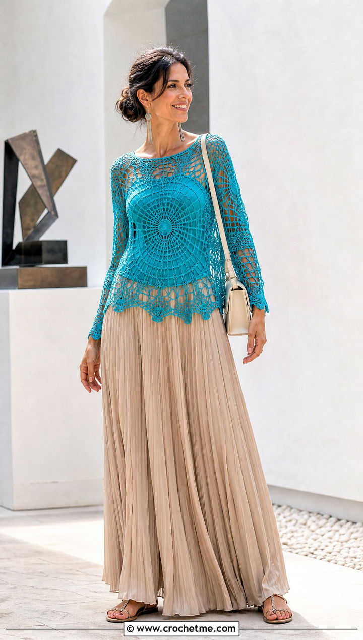 Spiderweb Crochet Lace Top With Pleated Maxi Skirt - 30 crochet lace clothes and outfit ideas