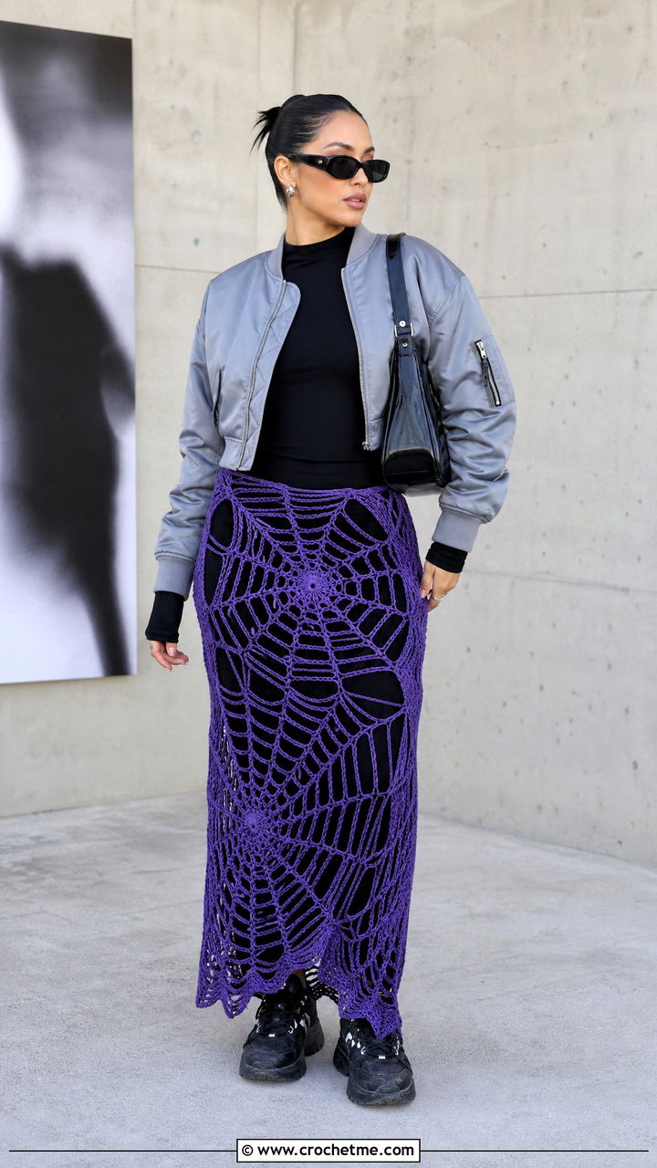 Spiderweb Crochet Maxi Skirt With Bomber Jacket - 35 crochet maxi skirt outfit ideas