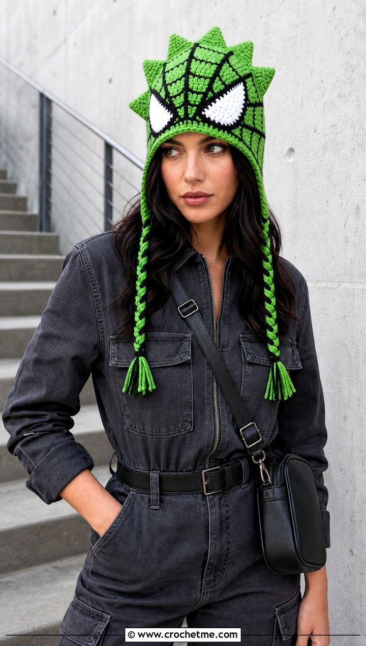 Spiderweb Crochet Mayday Parker Beanie With Utility Jumpsuit - 15 Crochet Mayday Parker Beanie outfit ideas