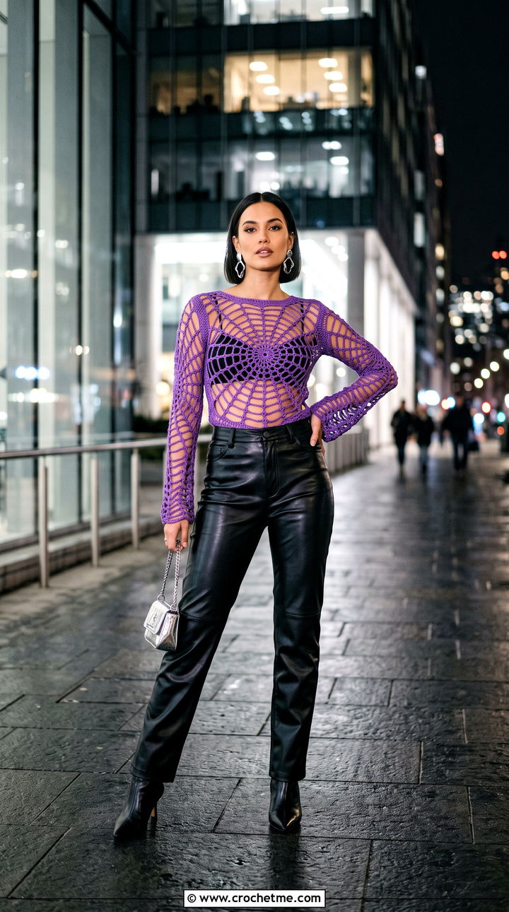 Spiderweb Crochet Peekaboo Top With Leather Pants - 15 crochet peekaboo top outfit ideas