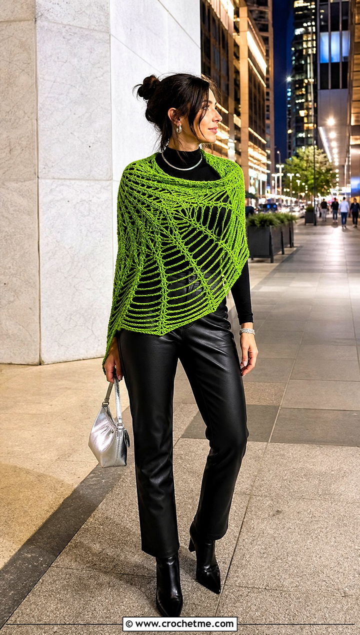 Spiderweb Crochet Shawl With Faux Leather Pants - 30 crochet shawl wrap outfit ideas