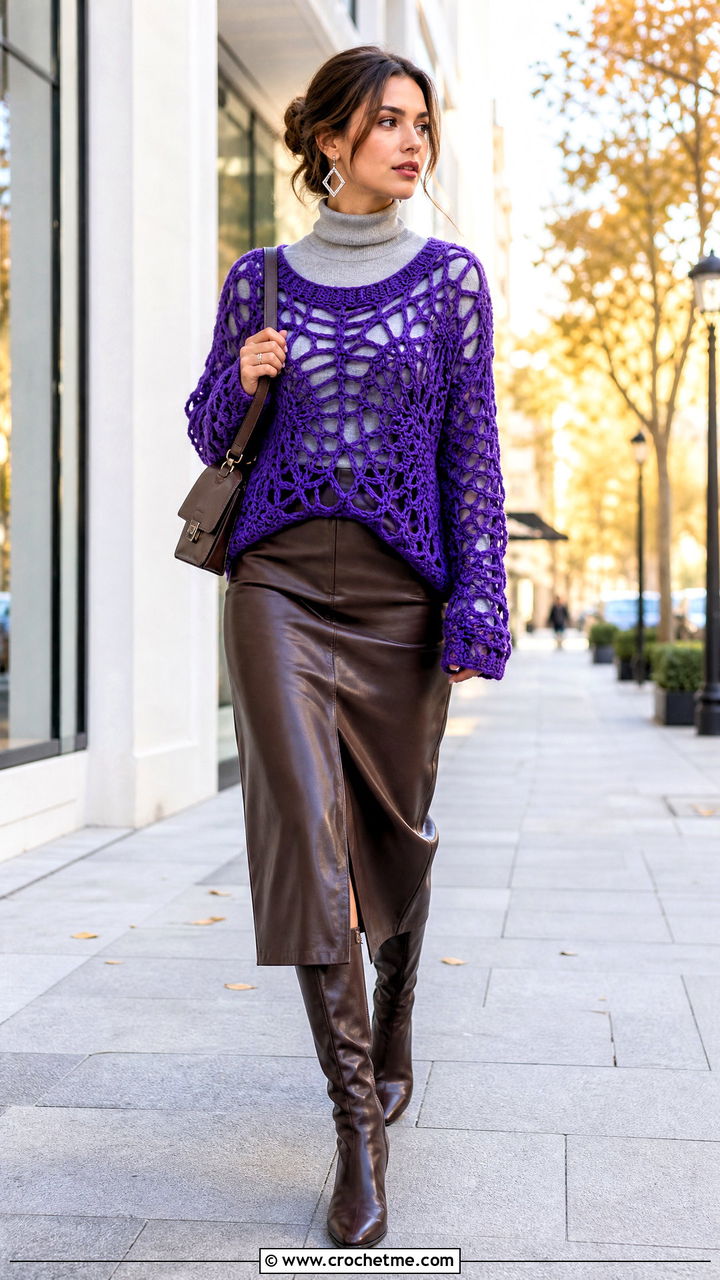 Spiderweb Crochet Sweater Top With Leather Midi Skirt - 35 spiderweb crochet top outfit ideas