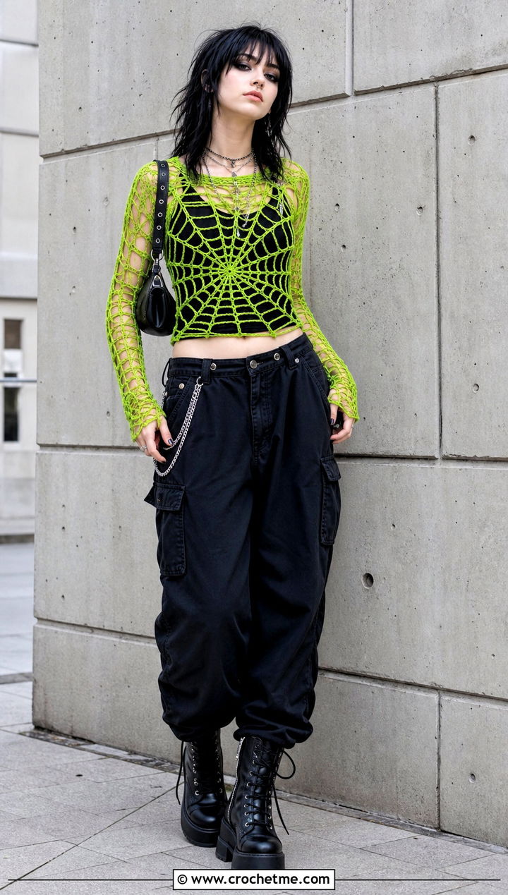 Spiderweb Crochet Top With Black Cargo Pants - 25 emo crochet top outfit ideas