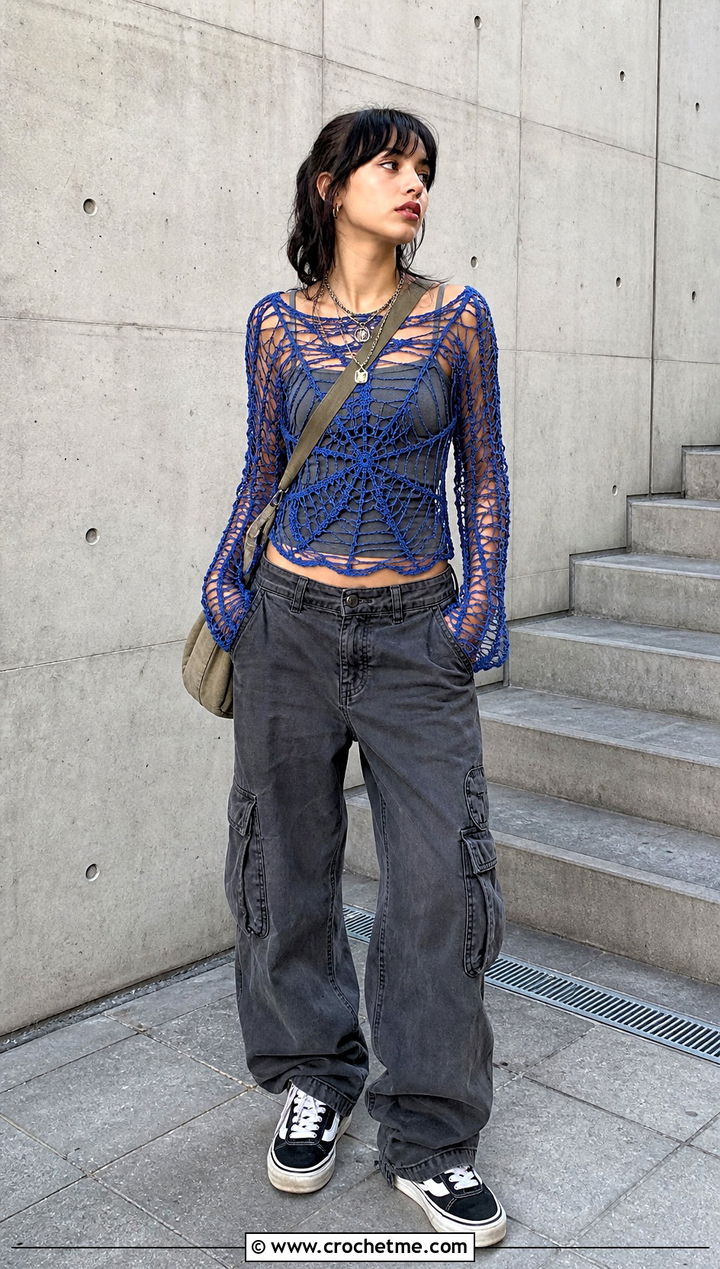 Spiderweb Crochet Top With Cargo Pants - 35 Crochet Grunge Clothes and outfit ideas