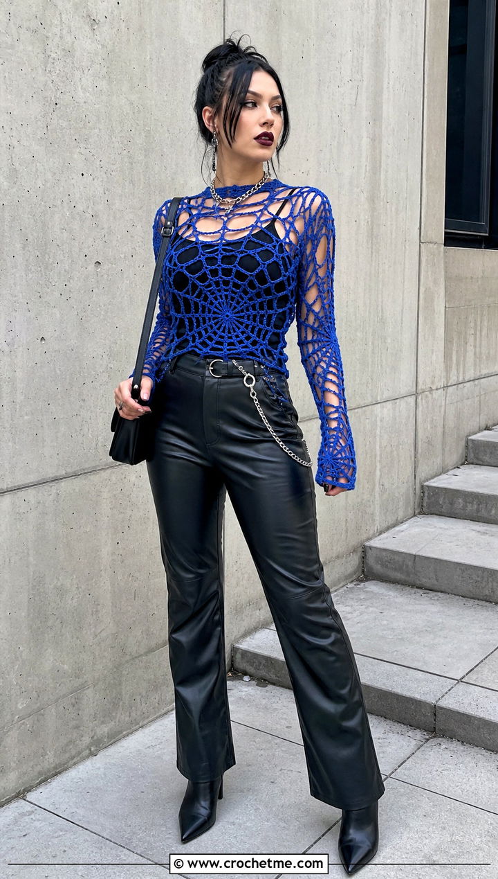 Spiderweb Crochet Top With Leather Pants - 25 gothic crochet clothes and outfit ideas