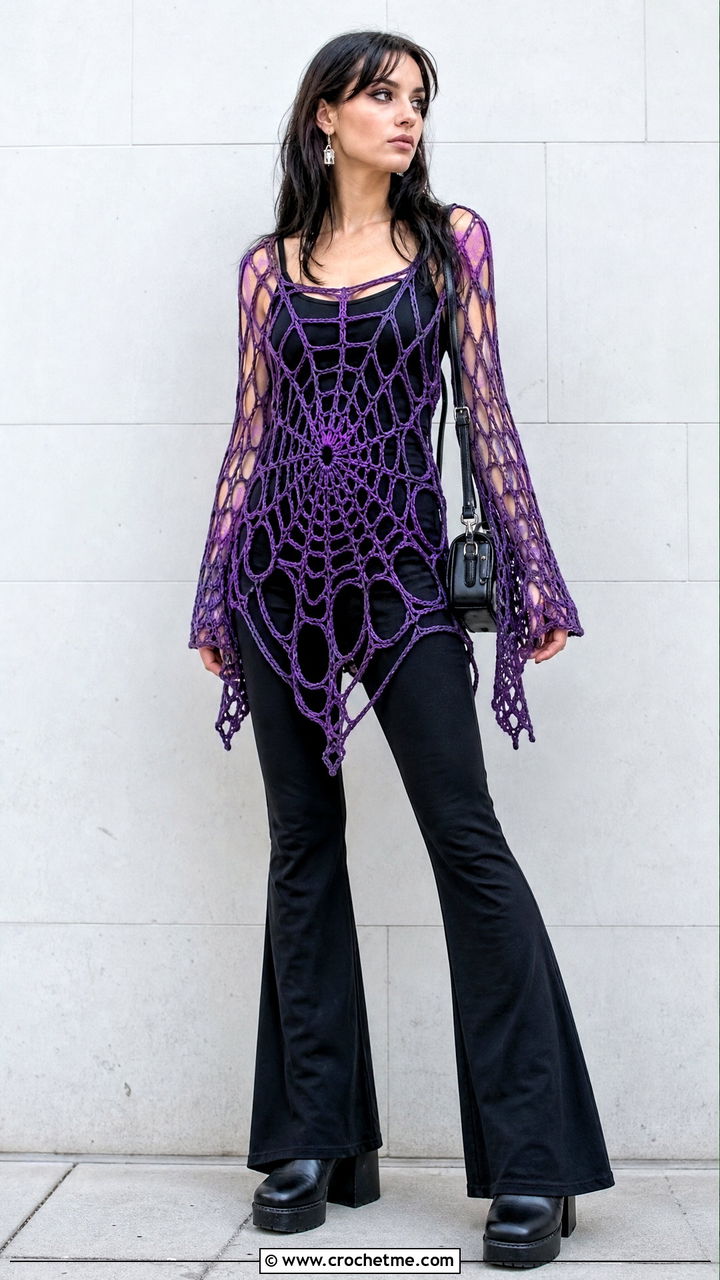 Spiderweb Crochet Tunic Top With Flared Pants - 35 spiderweb crochet top outfit ideas