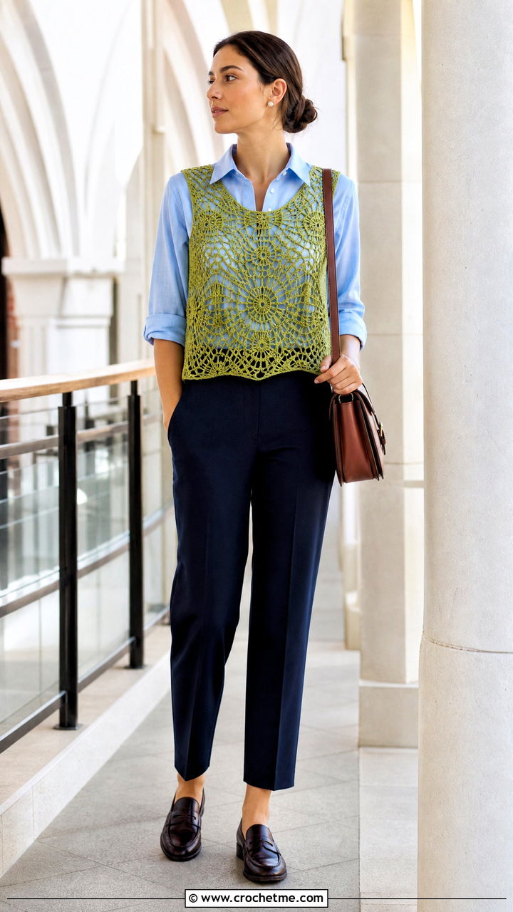 Spiderweb Crochet Vest Top With Button Down Shirt - 35 spiderweb crochet top outfit ideas