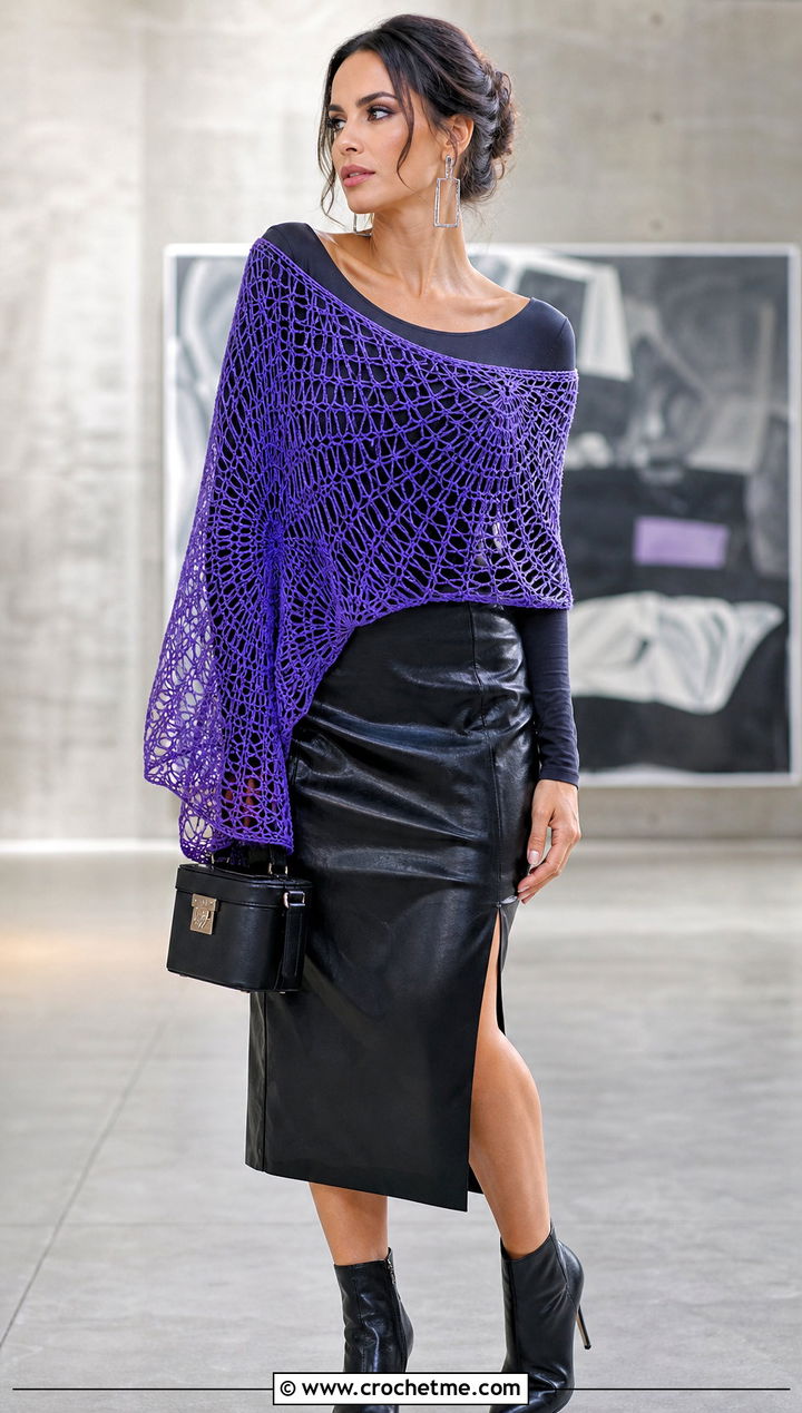 Spiderweb DK Yarn Crochet Shawl With Faux Leather Skirt - 25 Crochet Shawl Dk Yarn outfit ideas