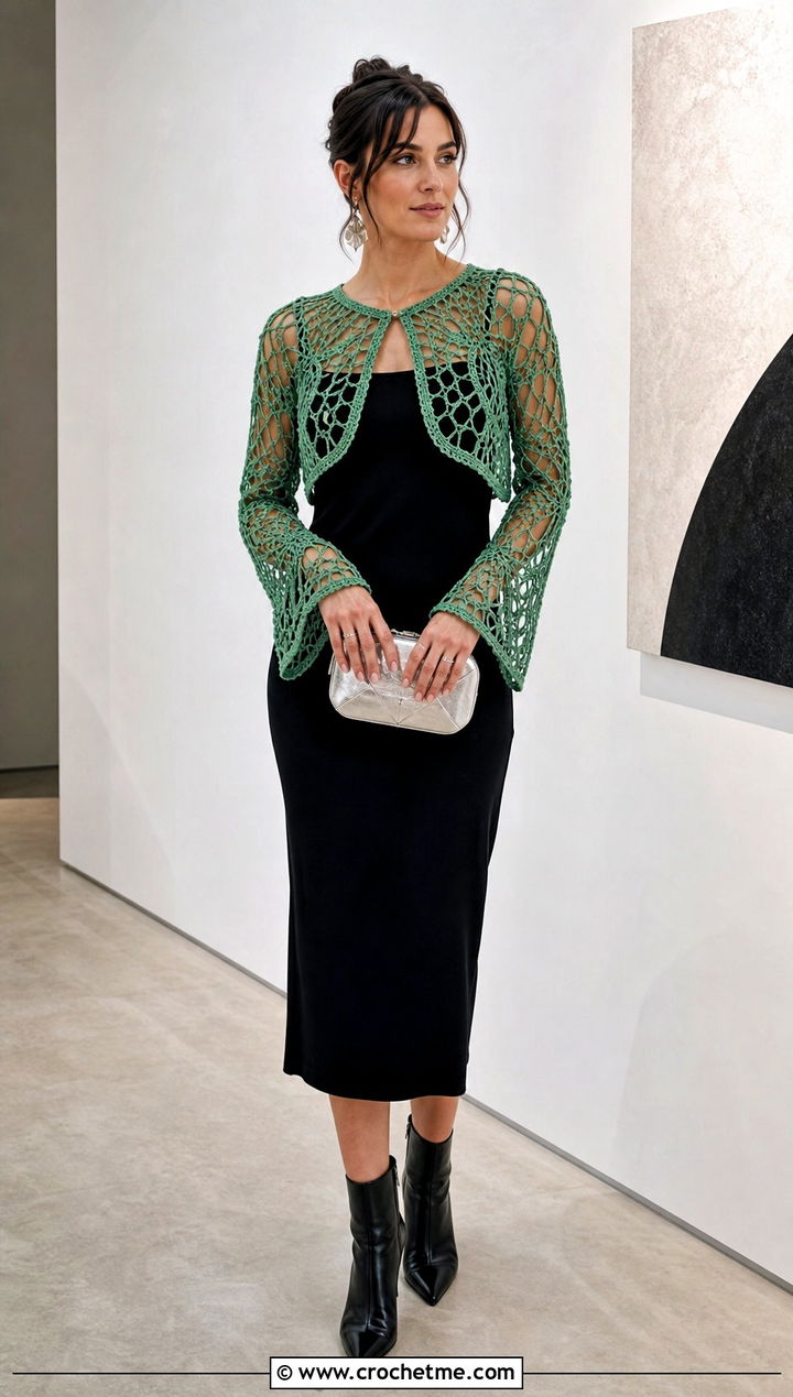 Spiderweb Fishnet Crochet Bolero With Black Midi Dress - 25 Fishnet Crochet Bolero outfit ideas