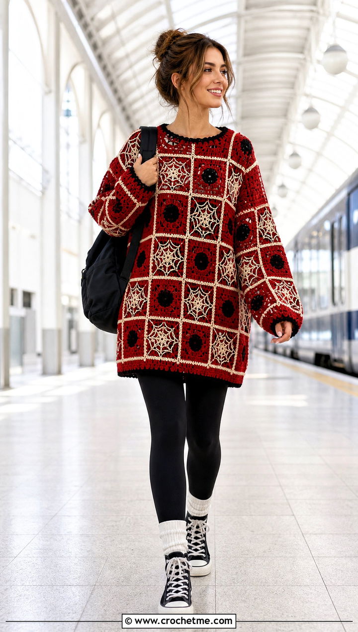 Spiderweb Granny Square Halloween Sweater With Leggings - 15 Crochet Granny Square Halloween Sweater outfit ideas