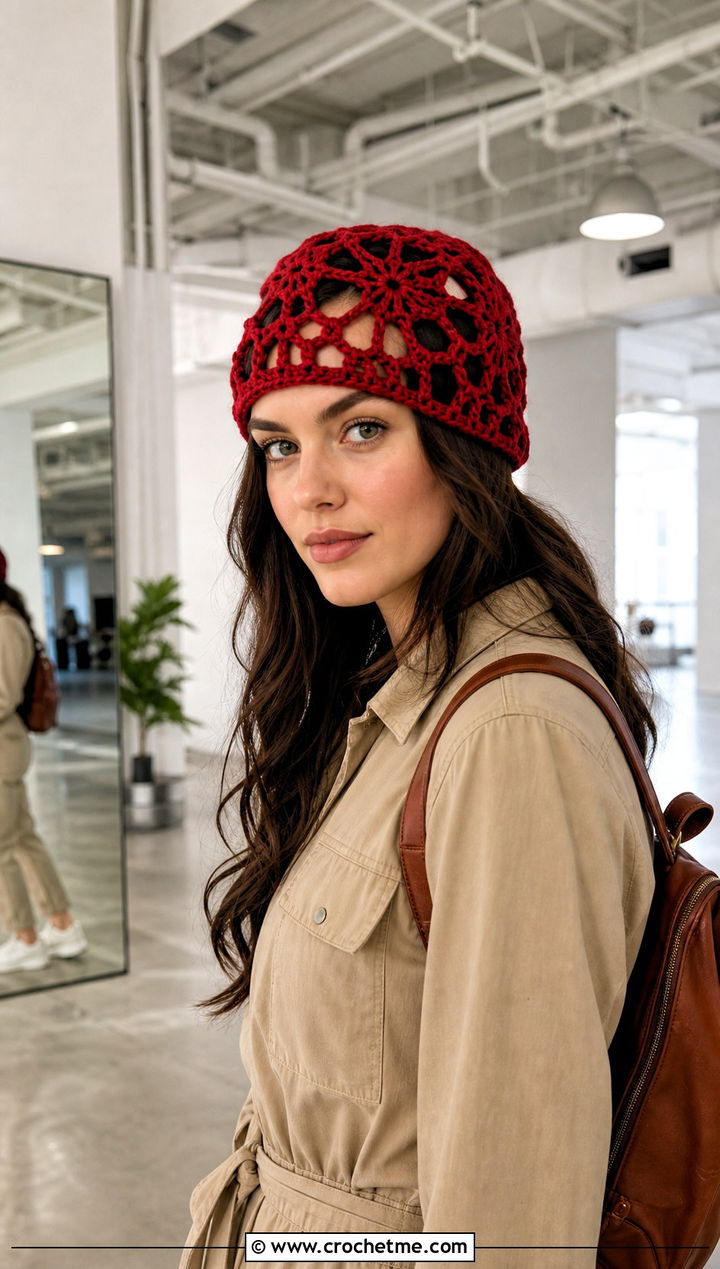 Spiderweb Lace Crochet Beanie With Utility Jumpsuit - 30 crochet lace beanie outfit ideas