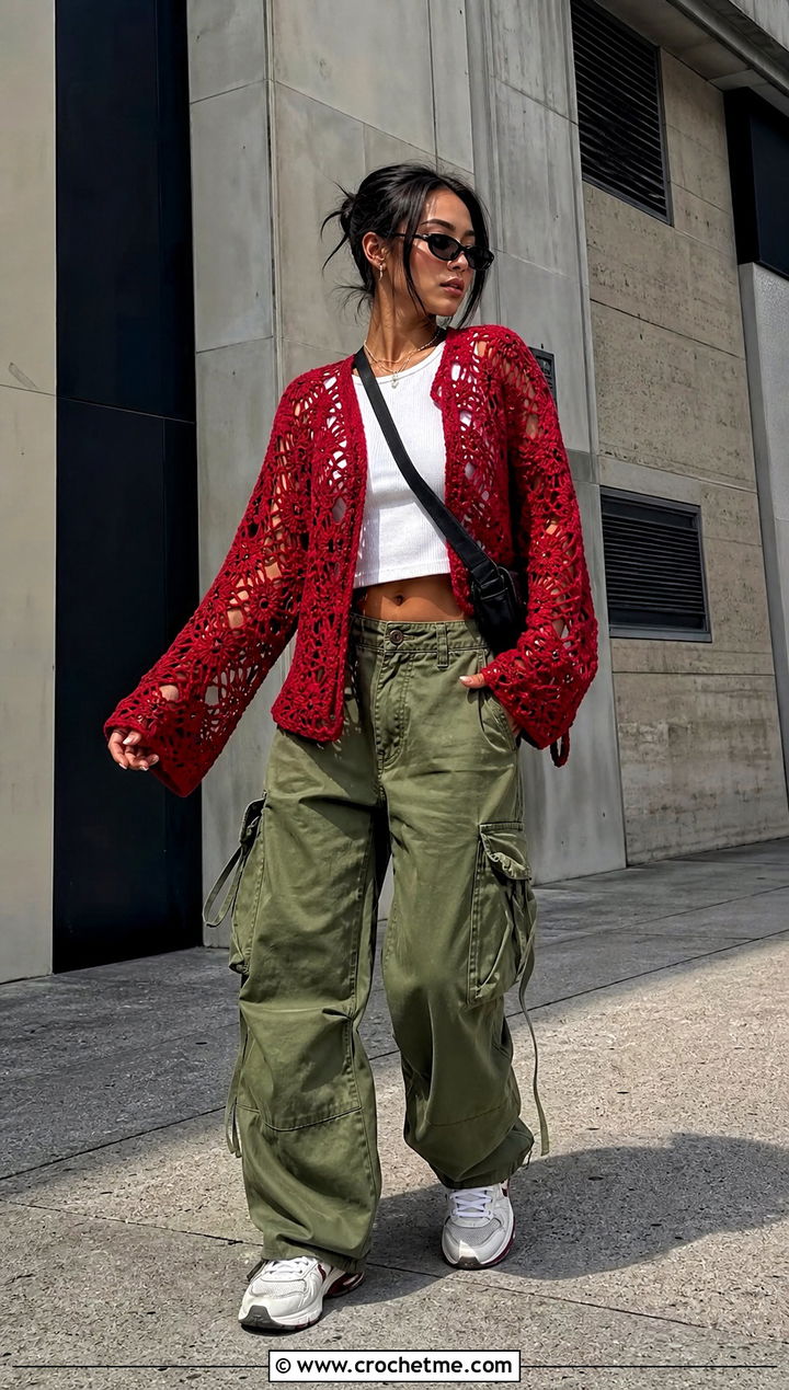 Spiderweb Lace Crochet Cardigan With Cargo Pants - 15 Lacey Crochet Cardigan outfit ideas