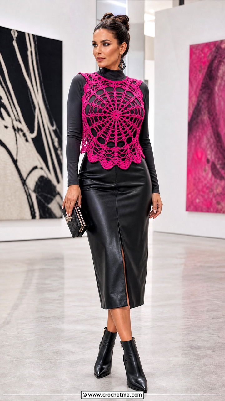 Spiderweb Lace Crochet Circle Vest With Bodysuit And Leather Skirt - 35 crochet circle vest outfit ideas