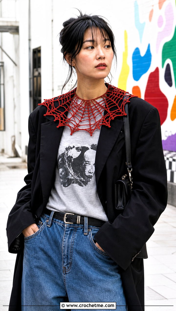 Spiderweb Lace Crochet Collar With Graphic T Shirt And Blazer - 25 Lace Crochet Collar outfit ideas