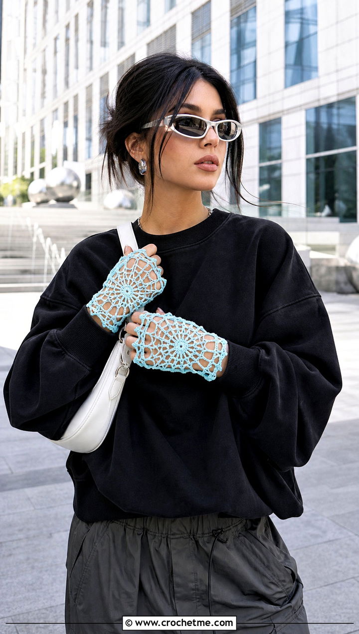 Spiderweb Lace Crochet Fingerless Gloves With Monochrome Streetwear - 25 Lace Crochet Fingerless Gloves outfit ideas