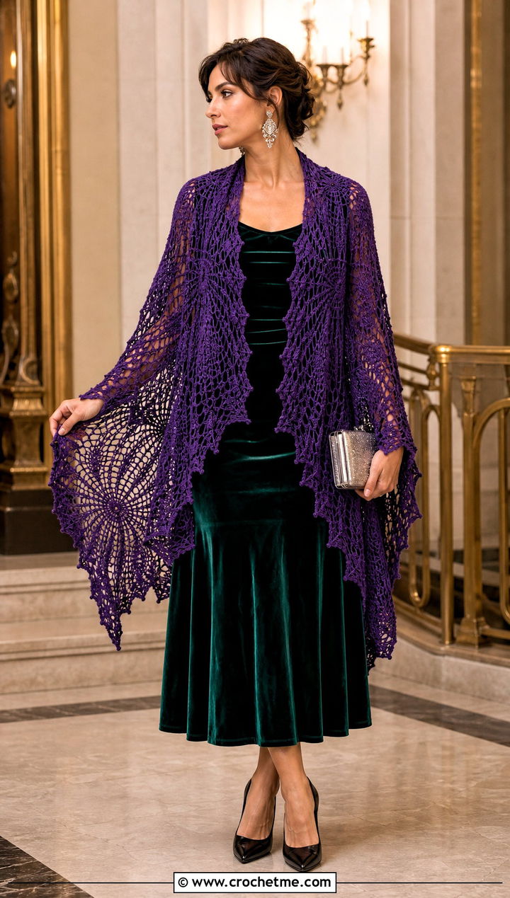 Spiderweb Lace Crochet Shawl With Velvet Dress - 25 Stevie Nicks Crochet Shawl outfit ideas
