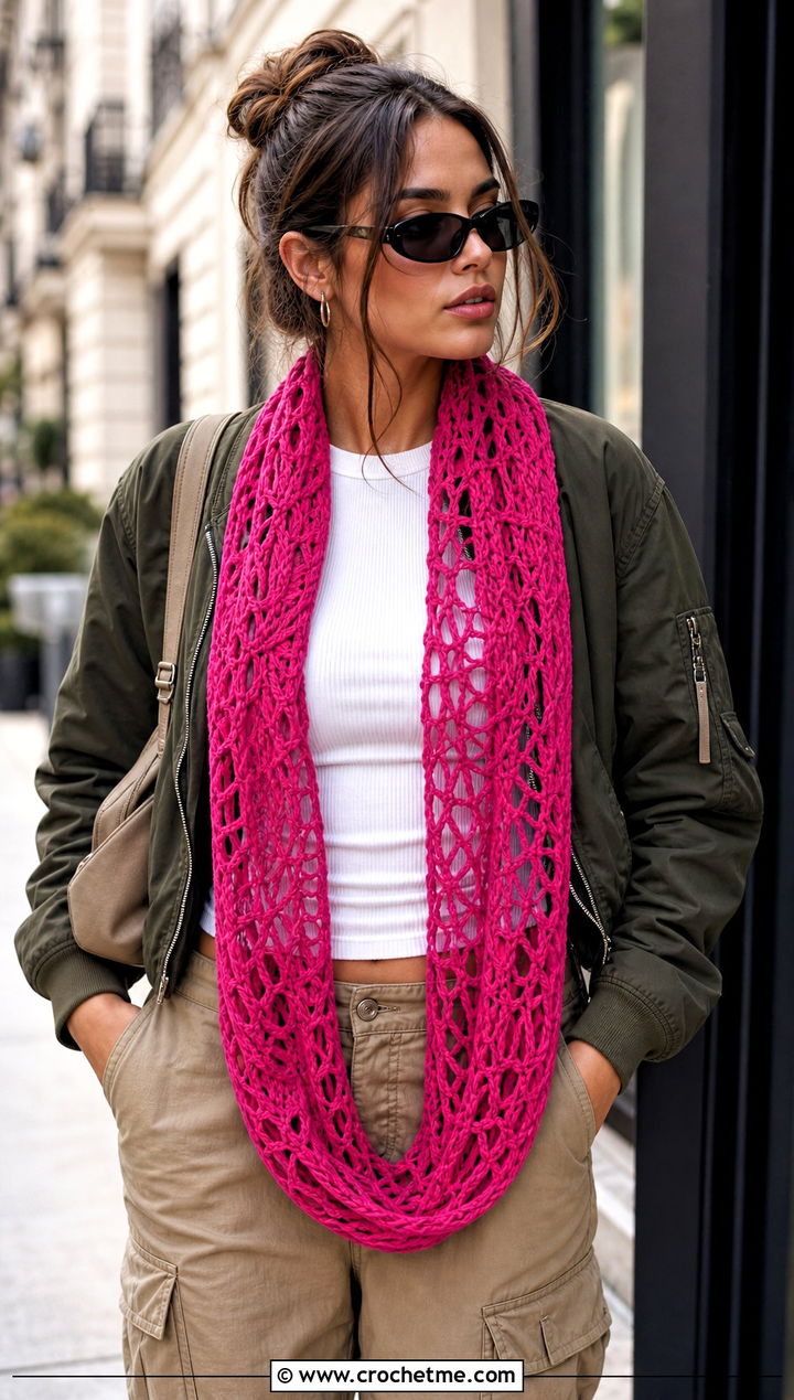Spiderweb Lace Infinity Scarf With Cargo Pants - 20 Lacy Crochet Infinity Scarf outfit ideas