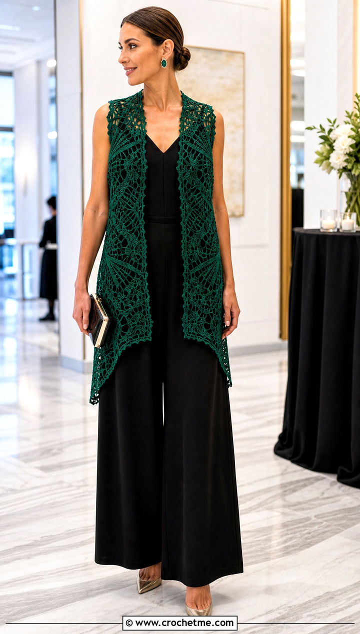 Spiderweb Lace Open Front Crochet Vest With Jumpsuit - 25 crochet open front vest outfit ideas