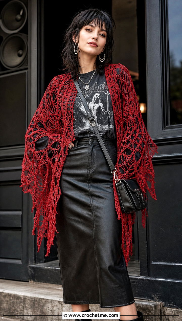 Spiderweb Lace Shawl With Band T Shirt And Leather Skirt - 25 Victorian Crochet Shawl outfit ideas